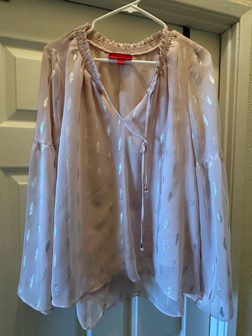 Jennifer Lopez Blush Sheer Metallic Dot Tie-Neck Blouse